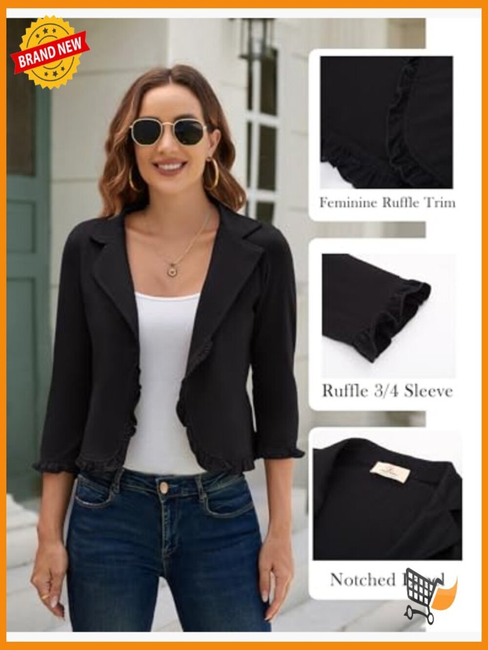 3/4 Sleeve Cropped Blazer Lightweight Open Front Cotton Cardigan Jacket - Picture 4 of 7